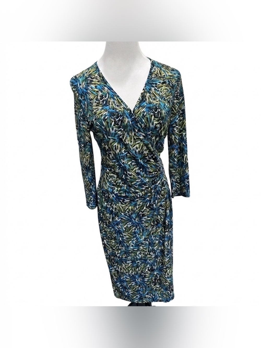 Laundry by Design Women's Blue Green Abstract Ruched Faux Wrap Midi Dress Sz 10